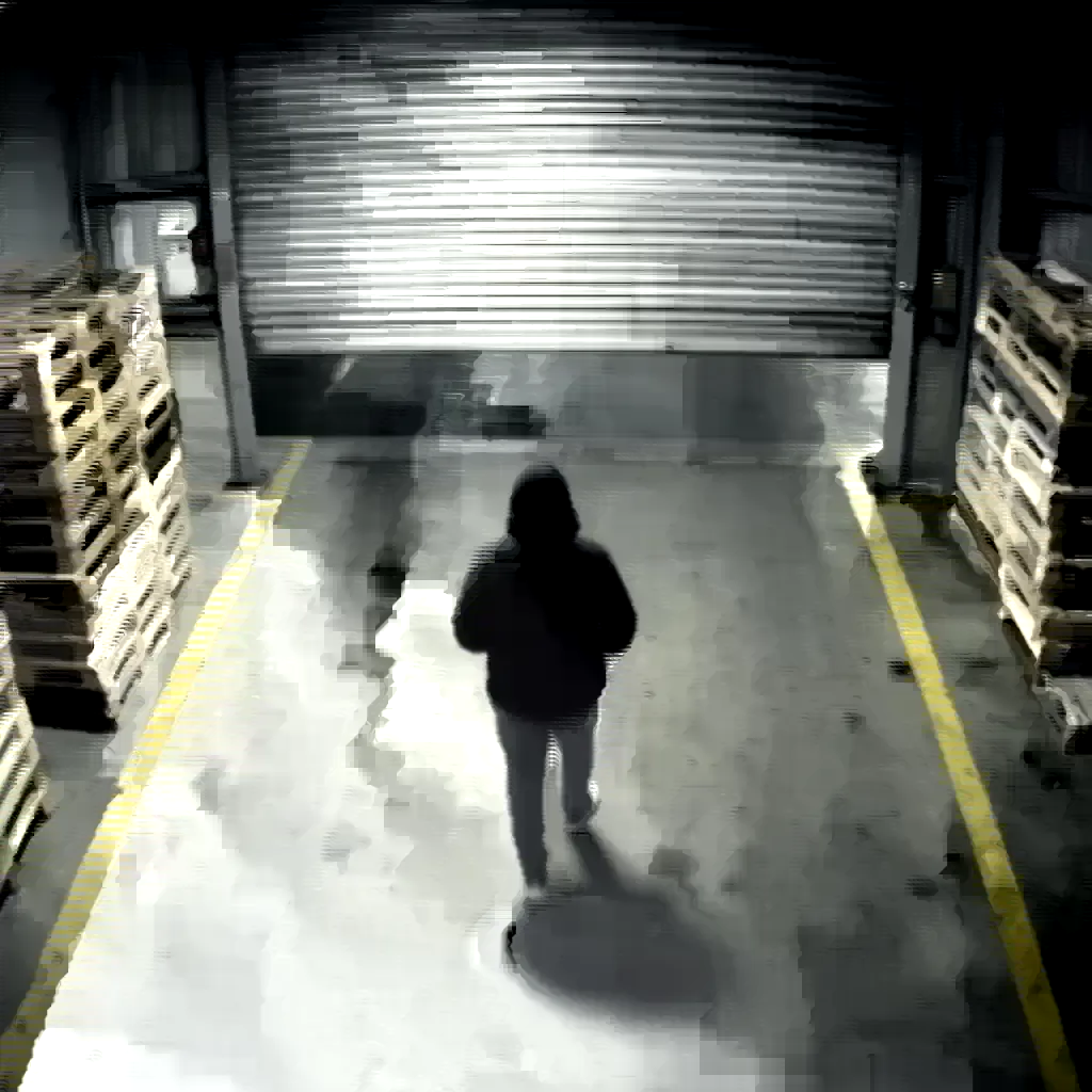 CCTV still of a single person entering a warehouse loading bay at night